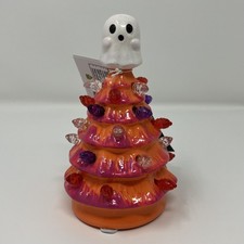 Retro Style Light Up Orange Pink Ceramic Halloween Tree w/ Ghost Topper