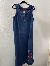 Koret City Blues Maxi Jumper Dress Blue Denim Sz L Embellished Slit Buttons