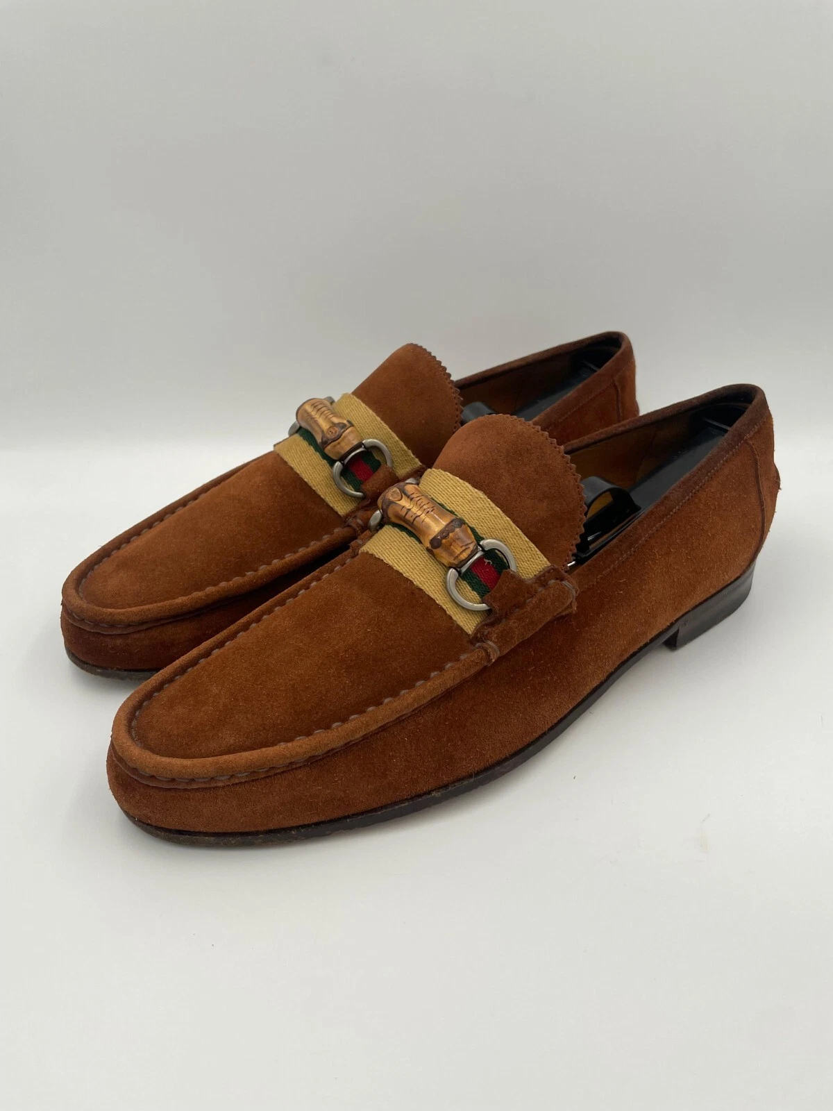 Mocassins homme Gucci en daim marron avec mors de cheval en bambou et toile   Taille 7,5 US