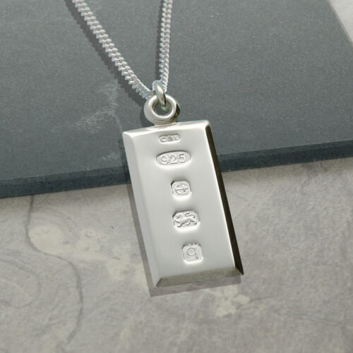 925 Sterling Hallmarked Silver Small Ingot Pendant with Chain & Engraving Option - Afbeelding 1 van 8