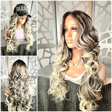 Lace Front Wig Human Hair Blend Ombre Blonde Curly Long Wig Highlights Glueless