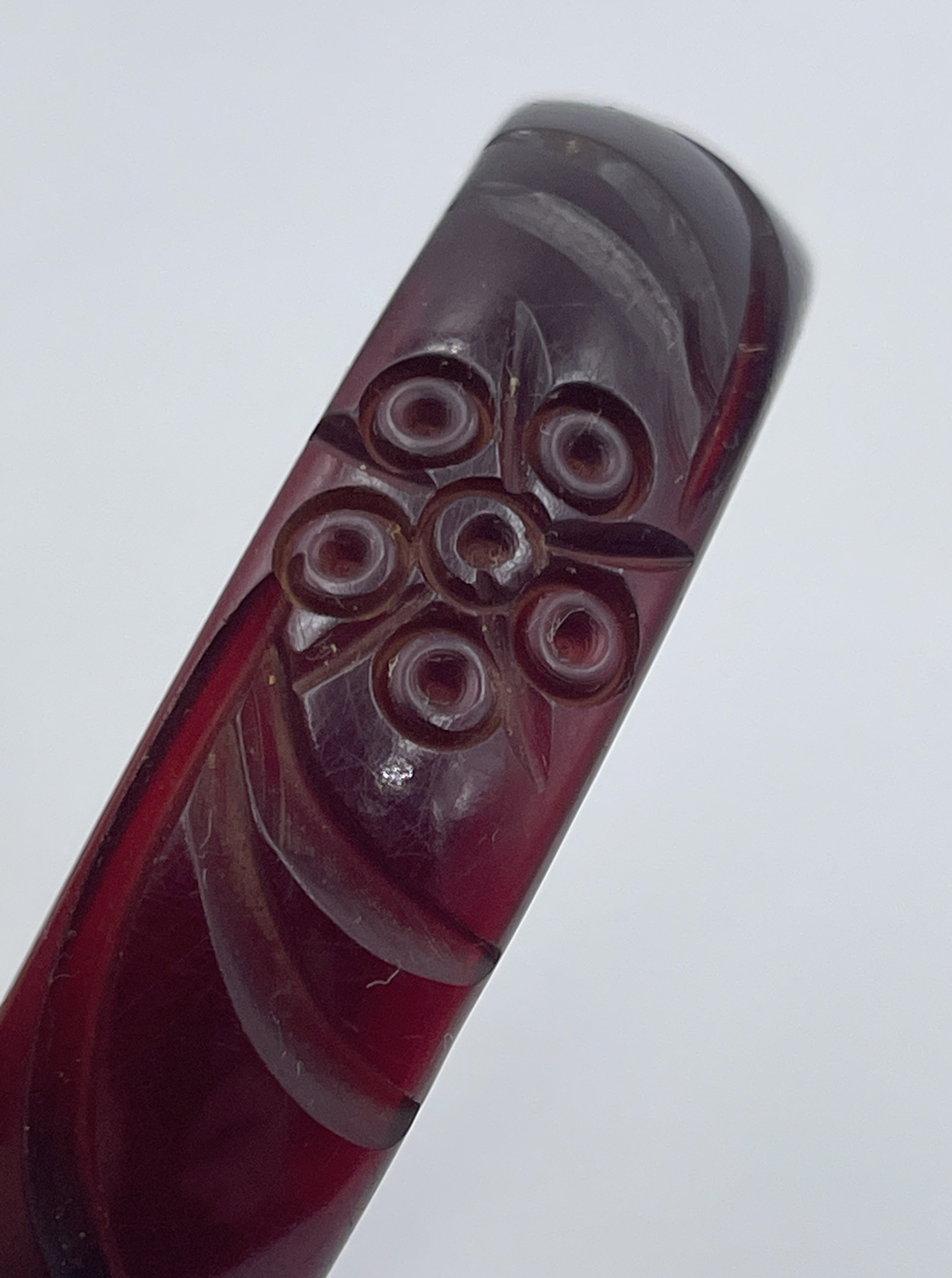 Antique Bakelite Translucent Dark Red Color Carve… - image 5