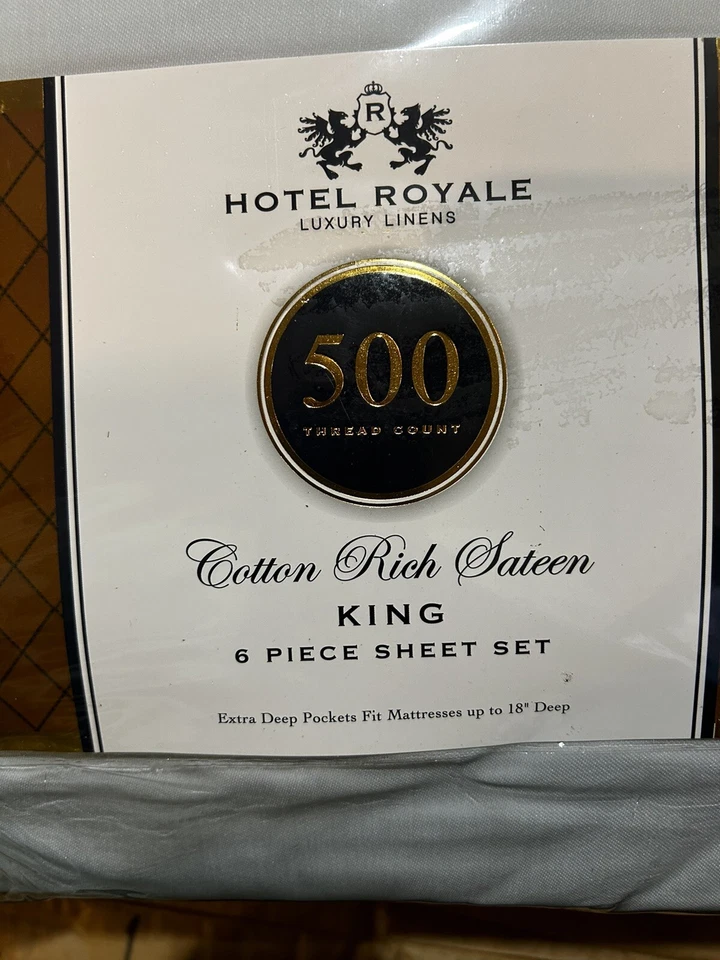 Juego de sábanas Hotel Royal algodón rico satén tamaño king 6 piezas azul liso 500 TC Foto 2 de 4