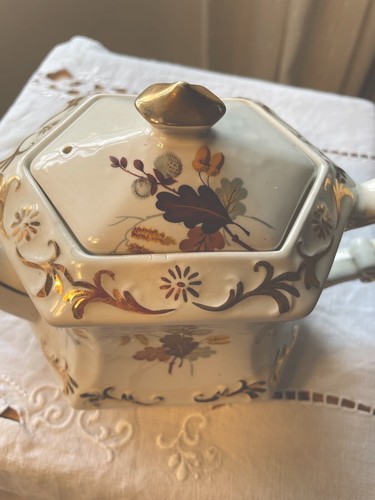 VINTAGE TEA POT ELLGREAVE IRONSTONE ENGLAND HEXAGONAL WOOD & SONS NEUTRAL COLORS - Picture 4 of 10