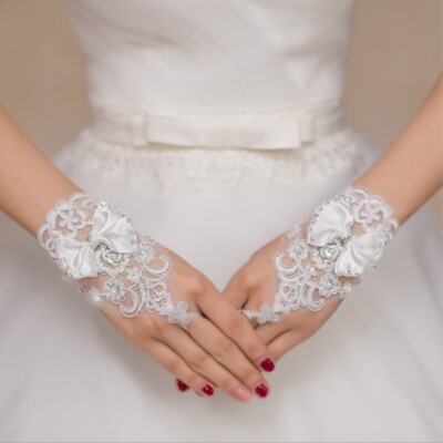 Women Lace Wedding Gloves White Fingerless Bowless Bride Evening Wrist