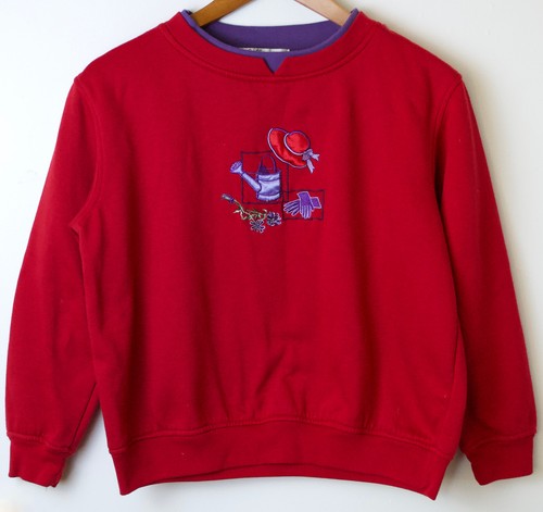 Vintage Colleen's Collectables Grandma Sweatshirt Size PM Red Embroidered Garden