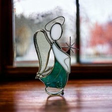 stained glass  metal angel w star blue  white free standing Christmas 8.5"H