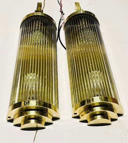 Large Mid Century 1920’s Art Deco Brass & Glass Rod Wall Light Fixture Lot of 2 - Picture 8 of 10
