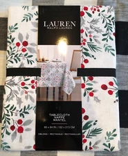 Ralph Lauren WINTER HOLLY 60 x 84"  Green, Red, Grey, White Tablecloth -- NWT