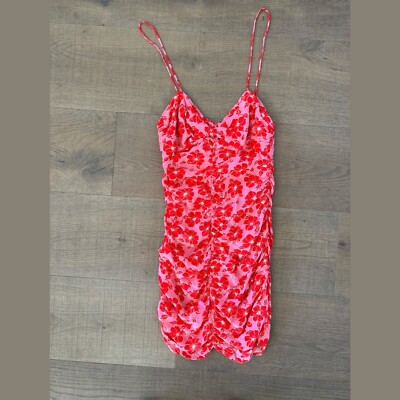 zara SIZE S SMALL pink red floral print ruched party body on mini dress |  eBay