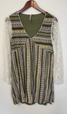 Dress Babydoll M Green Stripe Lace Bell Sleeves Boho Festival Peasant Andree