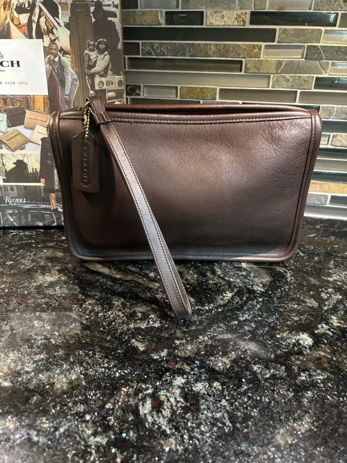 Frittura da viaggio vintage Coach cerniera in pelle marrone mogano 9972