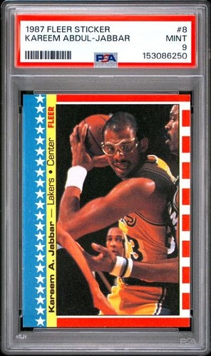 1987 FLEER BASKETRBALL STICKER #8 KAREEM ABDUL-JABBAR PSA MINT 9 153086250
