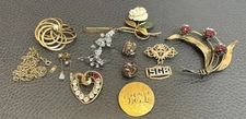 Vtg Gold Fill & Rhinestone Brooch Necklace Screw Back Pierced Earrings 61 Grams