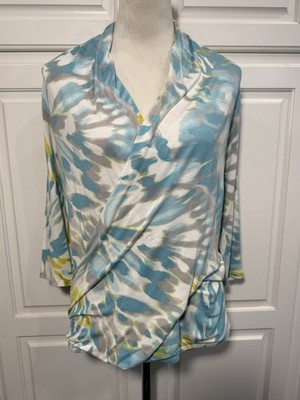 Tommy Bahama Medium Blue Lime Green White Surplice Blouse Rayon Pullover