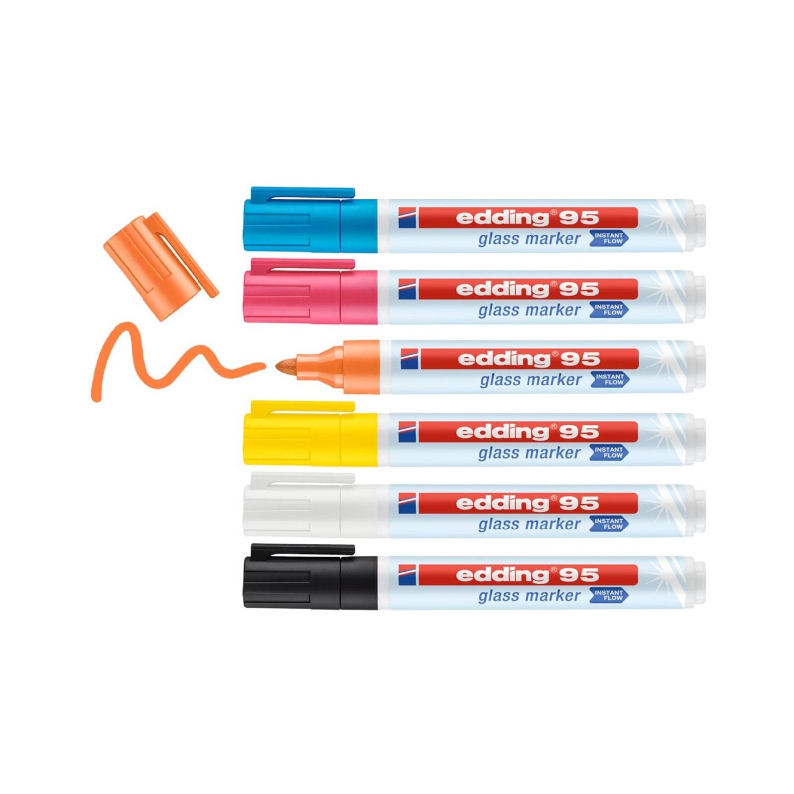 Edding 95 Glass Marker Bullet Tip Black Blue Orange Pink White Yellow Pack of 6