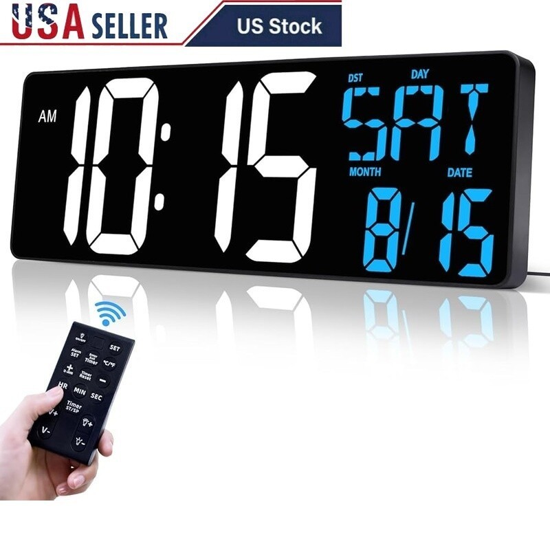 17 Inch Digital Wall Clock Remote Control Brightness Timer Alarm Date Display US