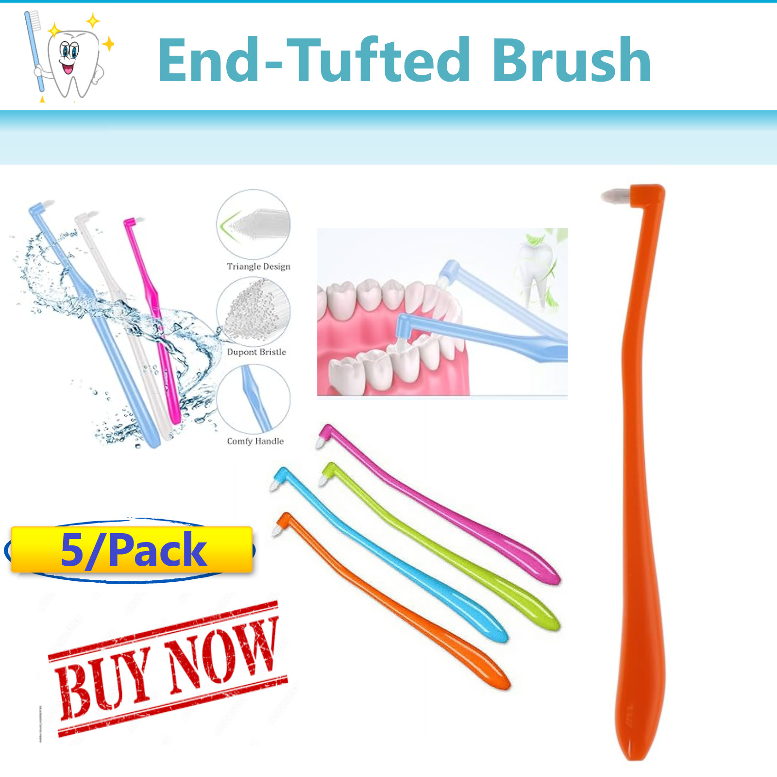 Dental Orthodontic & Periodontal Toothbrush, End Tufted Brush, For Gums, 5/Pack