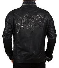 Men's Black Leather Biker Jacket Electroma Punk Rock Style