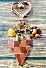 Brown Tan Checker Gold Love Swivel Heart Key Chain Backpack Tag Purse Charms RTS