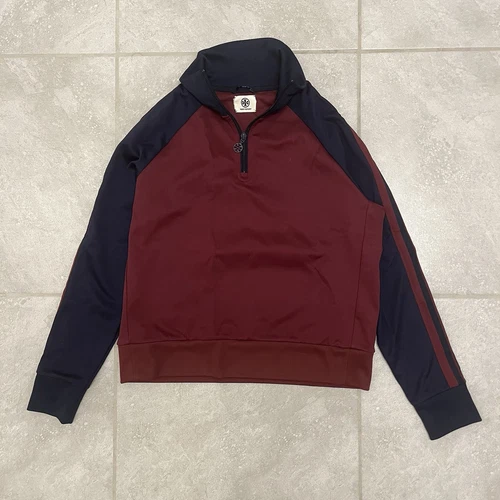 MAGLIONE PULLOVER TORY BURCH SPORT 'MAROON & BLUE' BLOCCO 1 4 ZIP TAGLIA LARGE