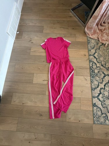CHICME Women's Hot Pink Short Sleeve Crew Neck and Wide Leg Tracksuit Set