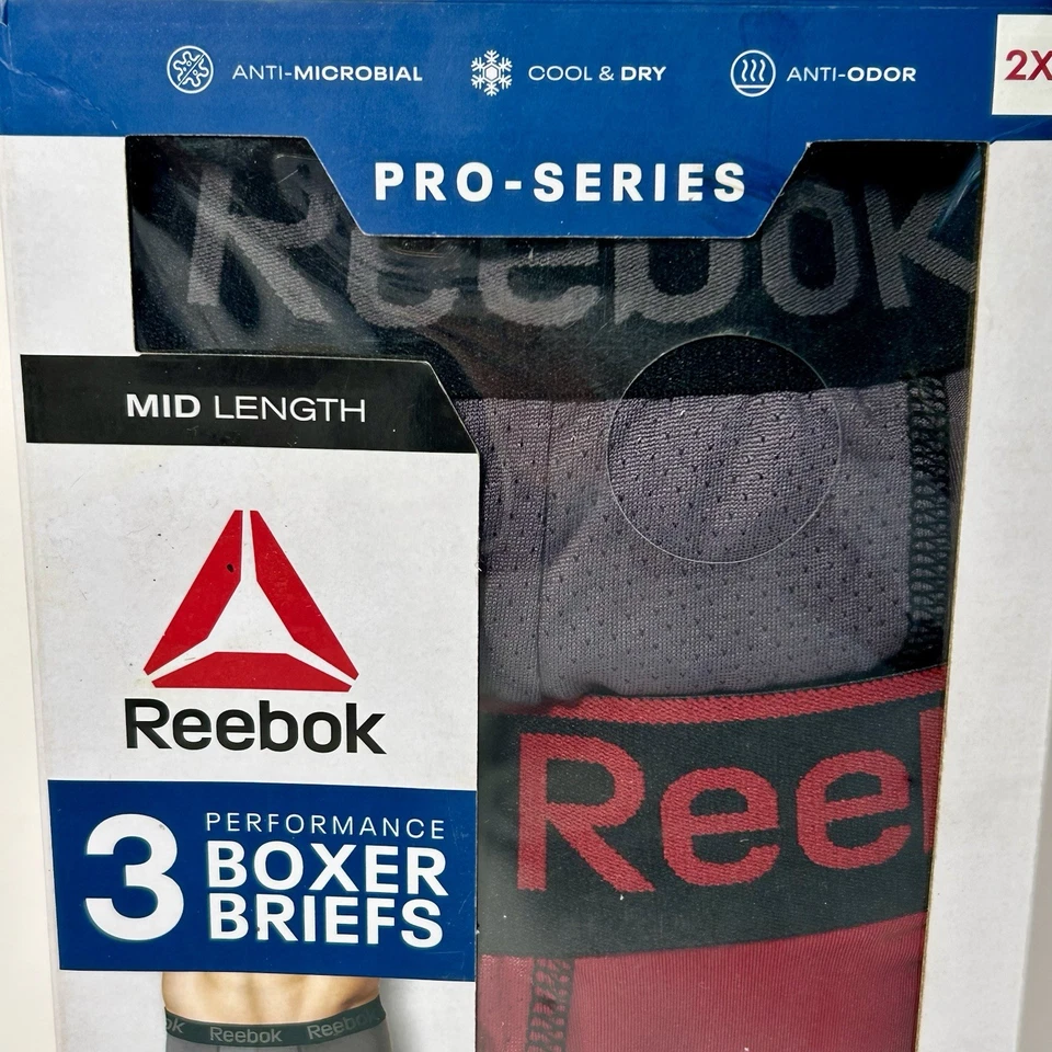 Reebok Men's Boxer Briefs 2XL MID Length 7.5" Pro-Series Performance 3-Pack BNIB - Image 2 of 4