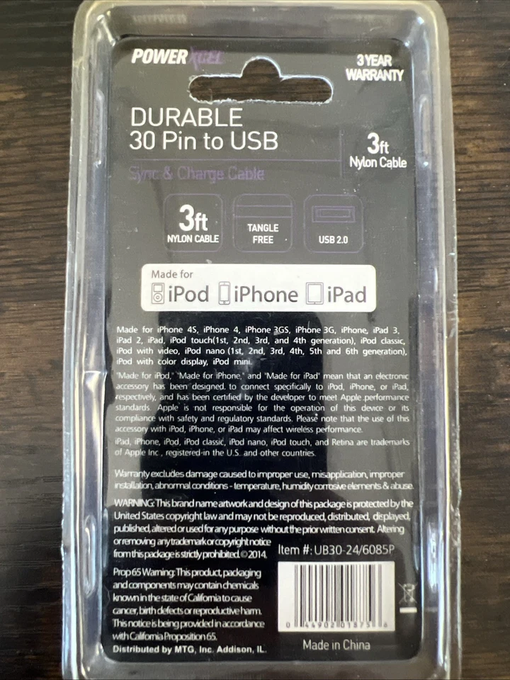 NEW PowerXcel 30-Pin MFI 3-Foot USB Charging Cable - Purple iPhone iPad  - Image 2 of 2