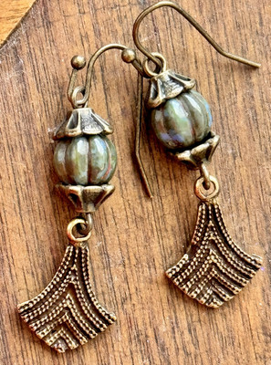 Etched Bronze & Blue Green Picasso Bead Dangle Earrings. Boho Chic.