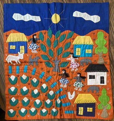 Peruvian Arpillera Wall Hanging Embroidery Folk Art Appliqué 16 x18 