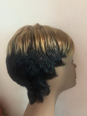 Cute Two Tone Black & Gold Short Pixie Wigs Synthetic Hair Cut Wigs Cute Wig
