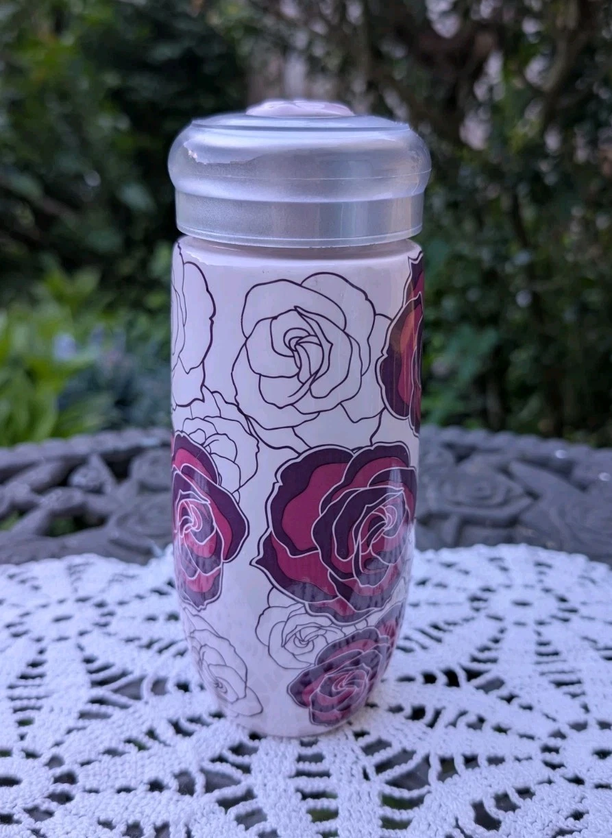Teavana Infuser Travel Ceramic Tea Tumbler Pink Roses Flowers w Lid