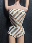 Nice Vintage Barbie Fashion Queen Swimsuit #870 White & Gold Lame Stripes 1963