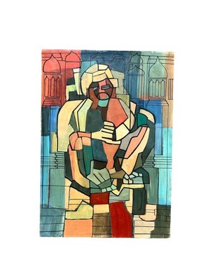 Vintage Beverley Peter Meyers Acryl Gemälde einer Figur Abstrakt Kubismus