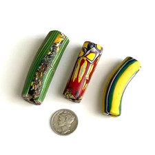 Rare Old Venetian Large Elbow Green, Red, & Yellow Glass African Trade Beads