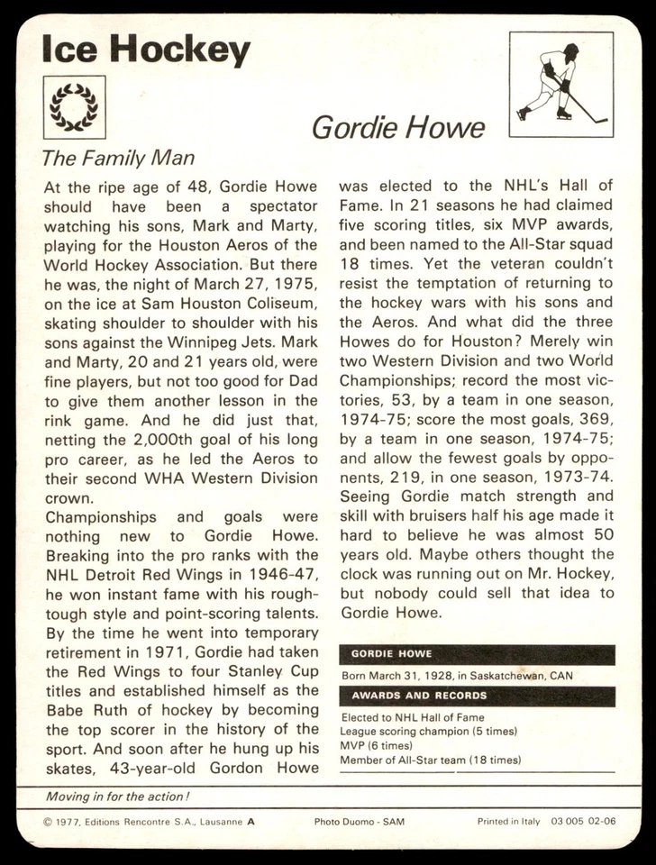 1977 Sportscaster #02-06 Горди Хоу - хоккей EX/MT - Изображение 2 из 2