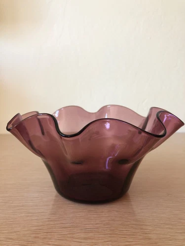 Blenko Crimped Ruffled Bowl Vintage Orchid Amethyst Handblown Glass 1953-1963