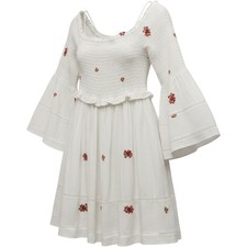 White Smocked Floral Embroidered Mini Dress Bell Sleeve Boho Cottagecore Boho
