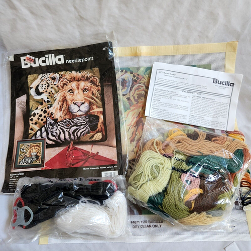 Bucilla Safari Scene Needlepoint Kit Lion Zebra Leopard Crewel Embroidery VTG