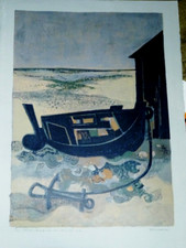 André MINAUX (1923-1986) GRANDE LITHO SIGNEE BARQUES PLAGE ECOLE de PARIS 1962