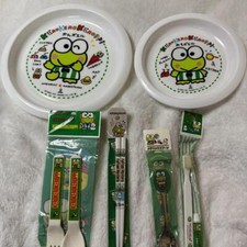 Retro Kerokero Keroppi 2 Plates  Cutlery Set 1990-1991 Sanrio  6486