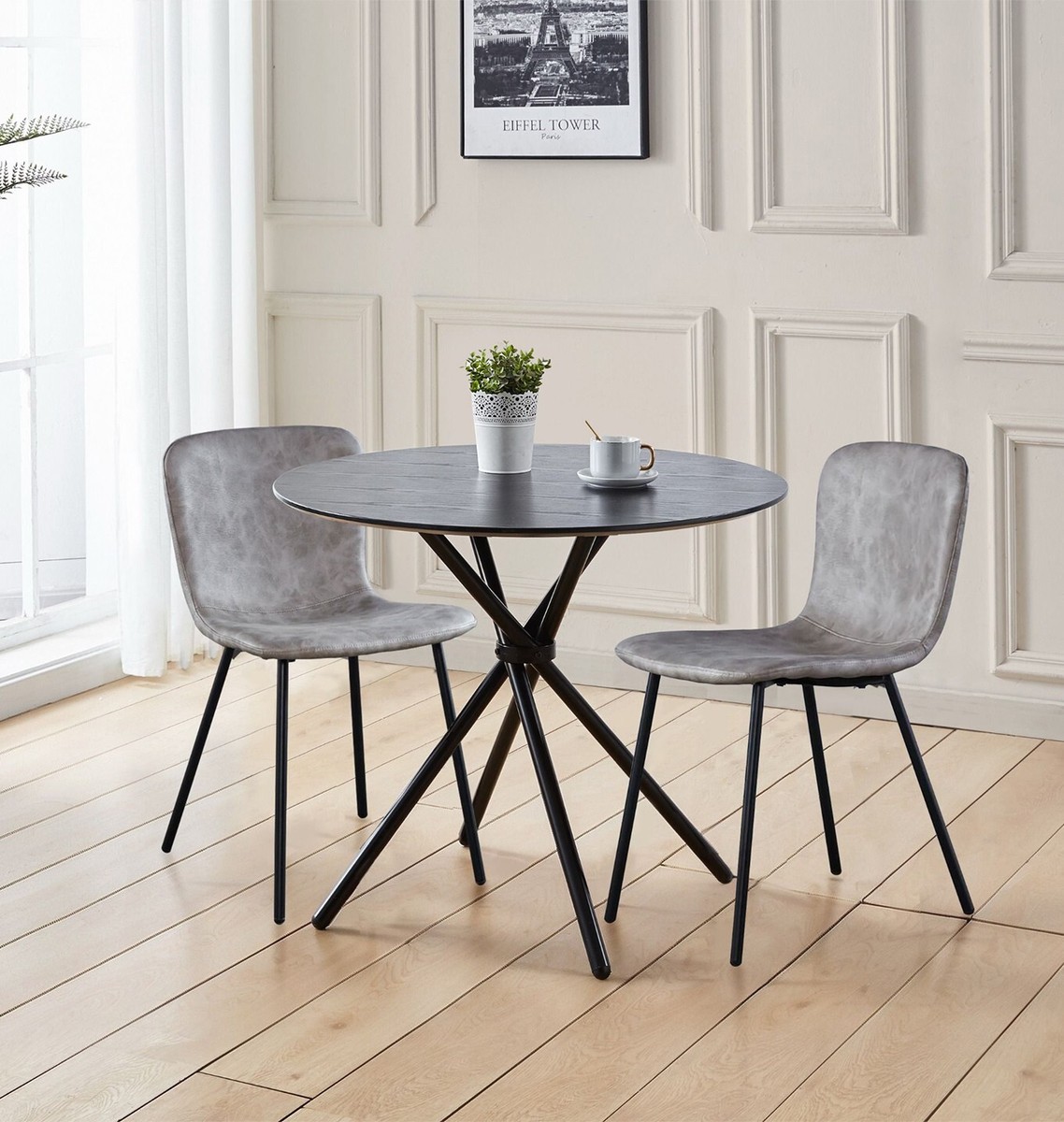 Dining Set, Round Black Kitchen Table 90cm and Taupe Upholstered Dining  Chairs