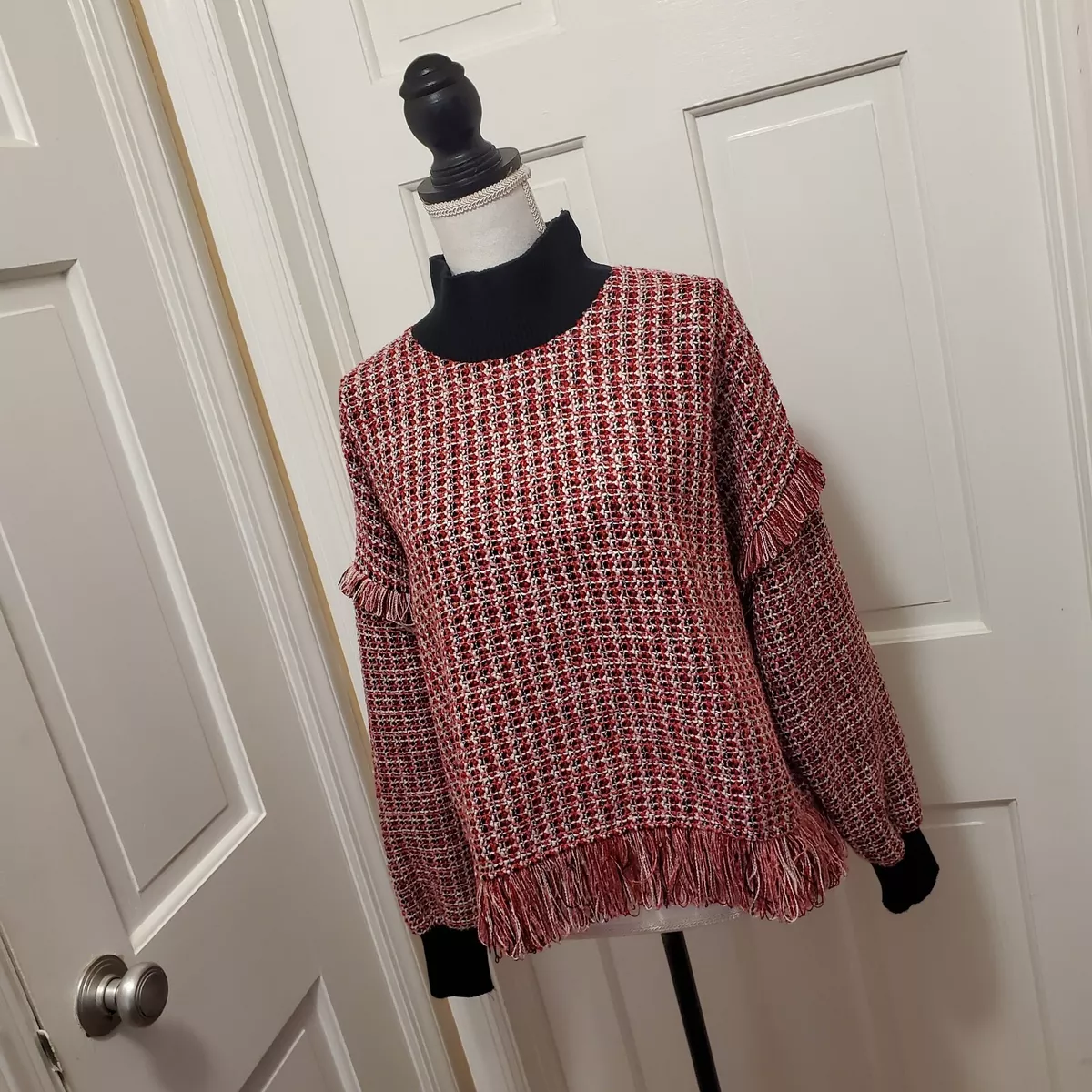 ZARA WOMAN RED BLACK TWEED MOCK NECK FRINGE SWEATER TOP SIZE XS | eBay