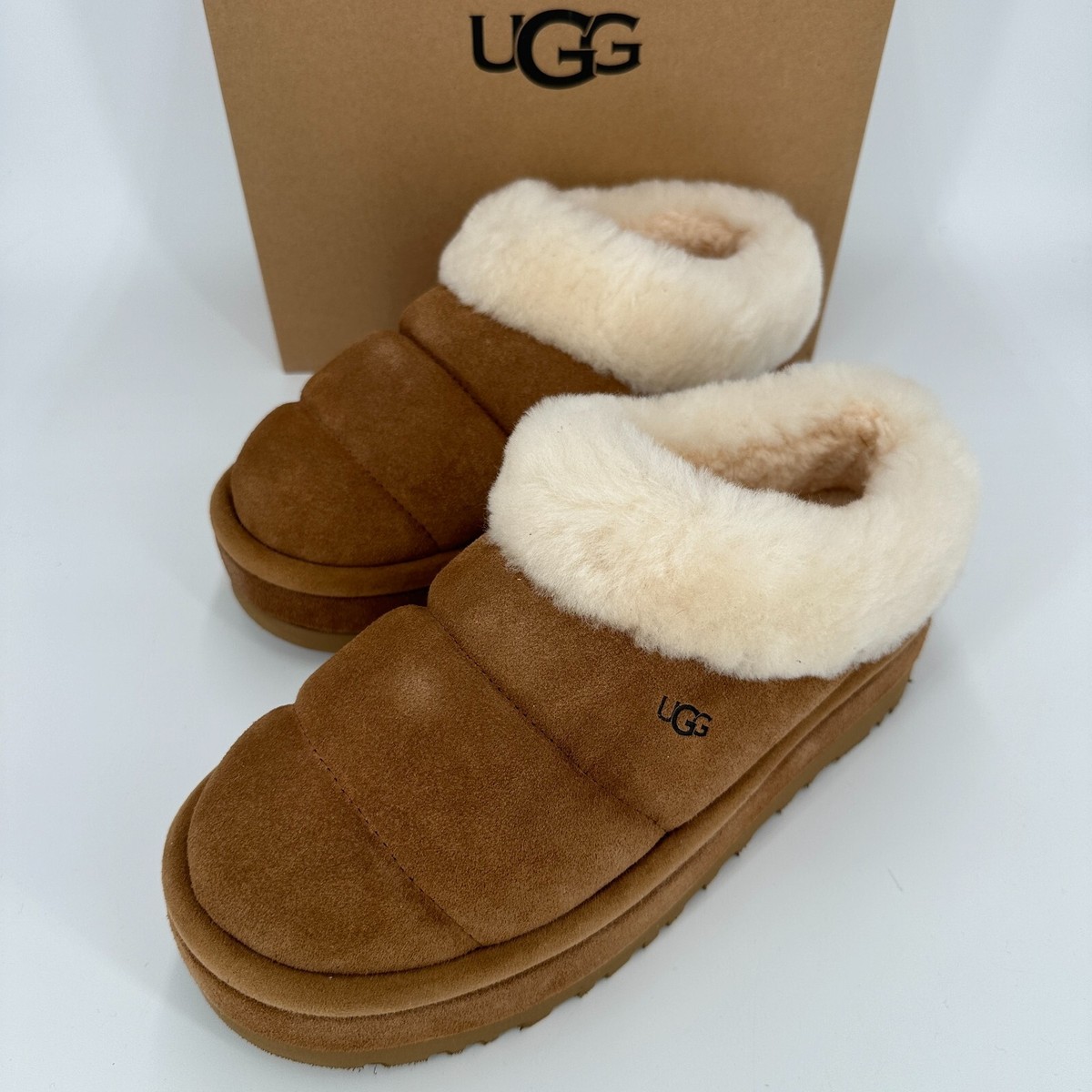 UGG Women's Tazzlita Fur Clog Slippers 11 Chestnut Platform Wool