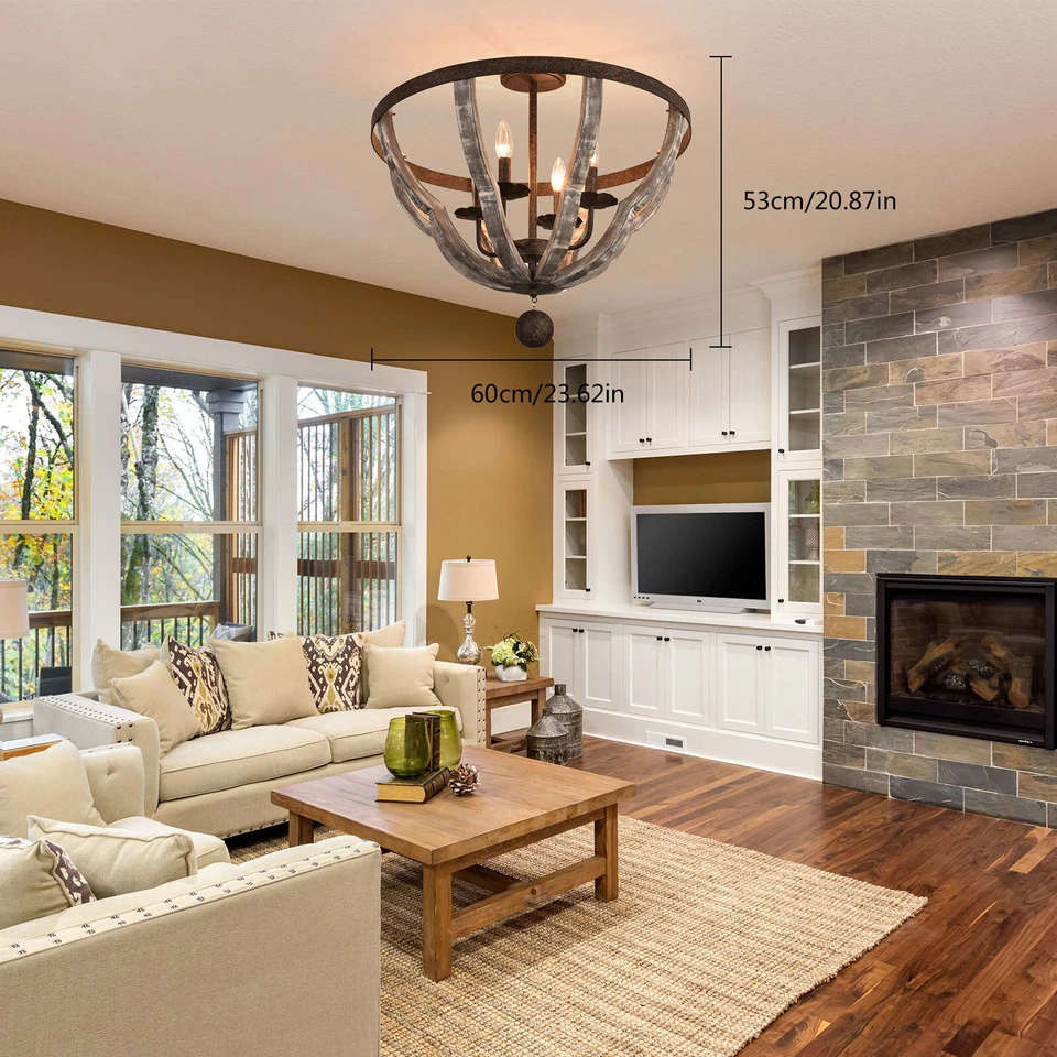 Farmhouse Rustic Chandelier 4 Light Ceiling Lamp Pendant Fixture Wood Texture Foto 4 de 4