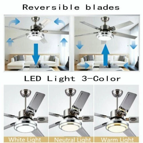 52" Stainless Steel Ceiling Fan Reversible 5-Blades 3-Colors Chandeler w/Remote - Image 4 of 4