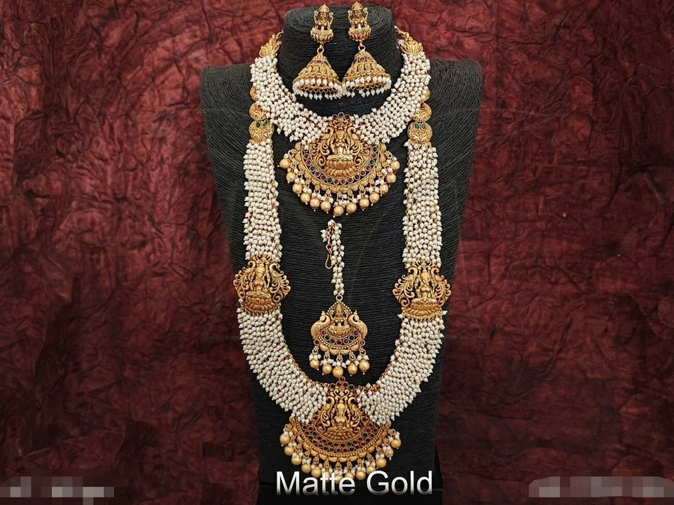 Bollywood Style South Indian Matt Finish Gold Plated Haram Choker Jewelry Set - Image 3 of 4
