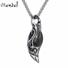 MENDEL Fashion Mens Black Onyx Stone Pendant Necklace Stainless Steel Charm Set