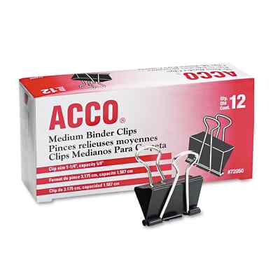 ACCO Med Binder Clips Steel Wire 5/8'' Cap 1 1/4''w Black/Silver Dozen 12 per box