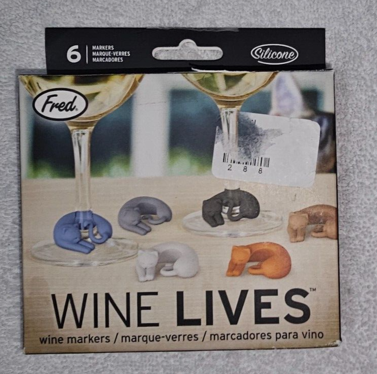 Fred Wine Lives Cat Wine Markers Set of 6 Cat Charms Glass Tags Party Silicone